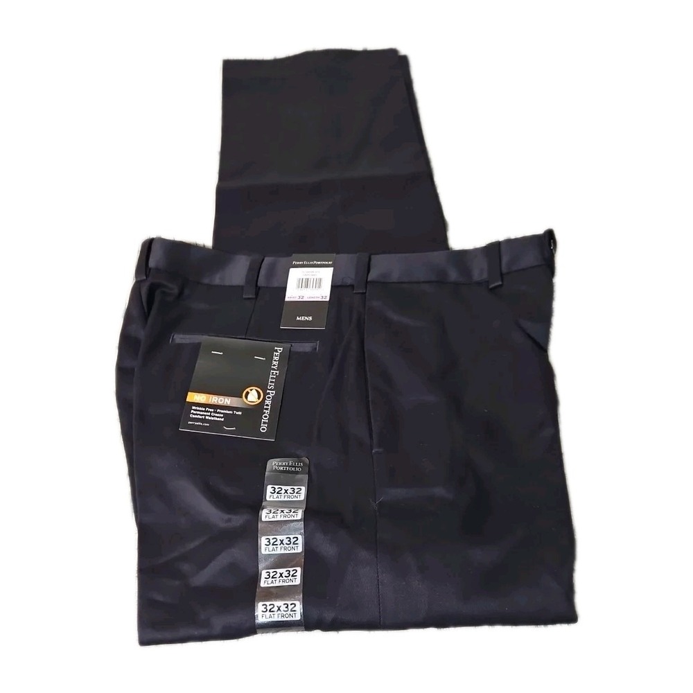 Perry Ellis Mens Premium Twill Black Flat Front No Iron Cotton  Size 32 X 32